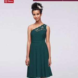 Short Juniper lace one sleeve bridesmaid dress